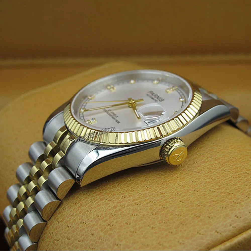 Parnis 36mm Gold Color Luminous Mark Automatic Men's Wristwatch 5 ATM Stainless Steel Jubilee Bracelet