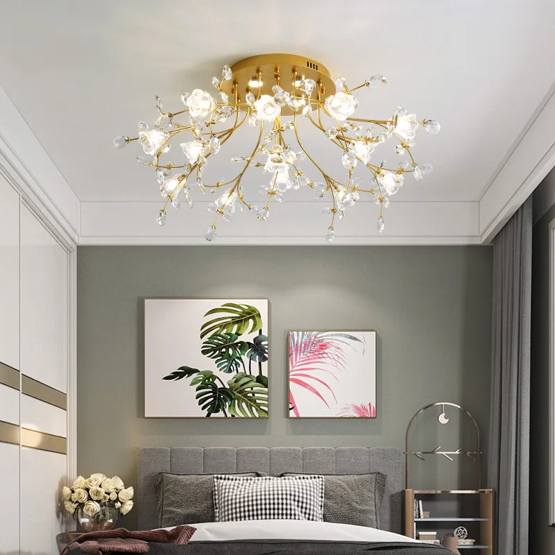 Luxury Crystal Flower Ceiling Light Gold LED Branch Tree Chandelier For Living Room Bedroom Villa Hotel Decor Bedside Wall Lamp