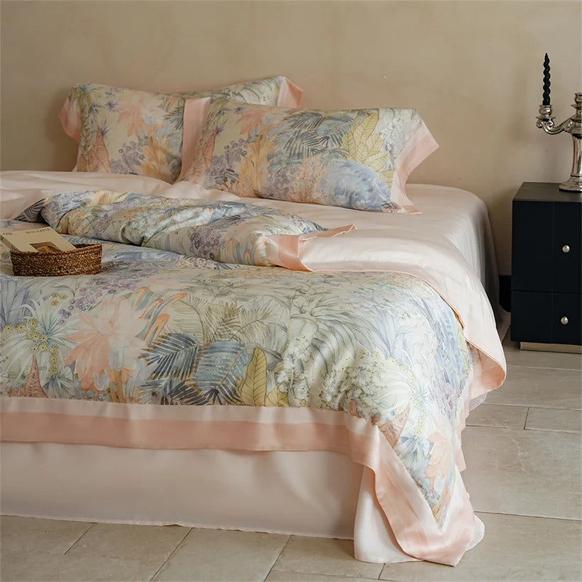Luxury 22mm Mulberry Silk Bedding Set Romantic Floral Duvet Cover Pillowcases Bed Sheet Set Luxury Bed Linen King Queen Size