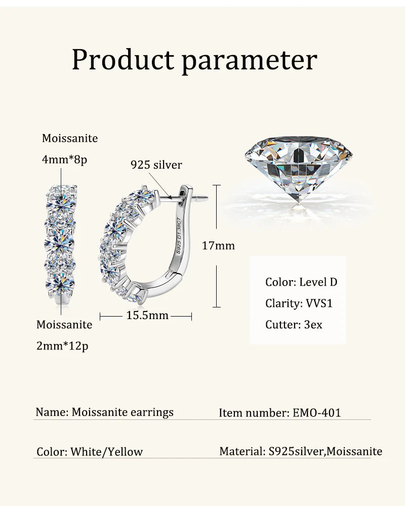 Women's Luxury Full Moisanite Diamond Hoop Earrings 4mm&2mm D Color VVS1 2.76cttw 100% 925 Sterling Silver Hoops Earrings