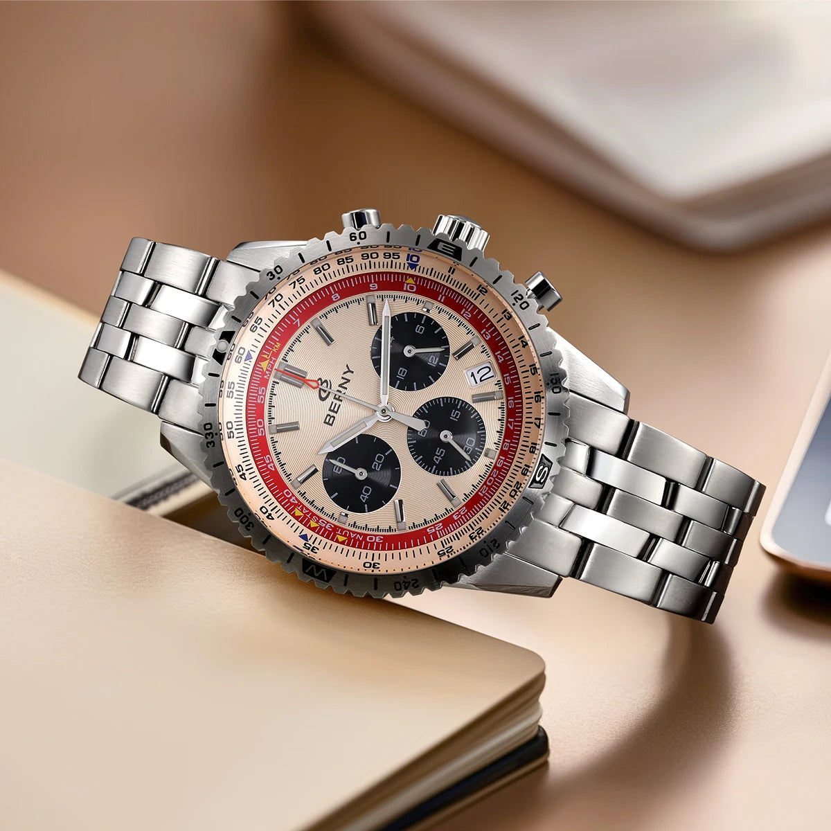 BERNY Chronograph Watches for Men Aviation Pilot Multifunction Quartz Men's Watch Date Sapphire Super Luminous Luxury Wristwatch