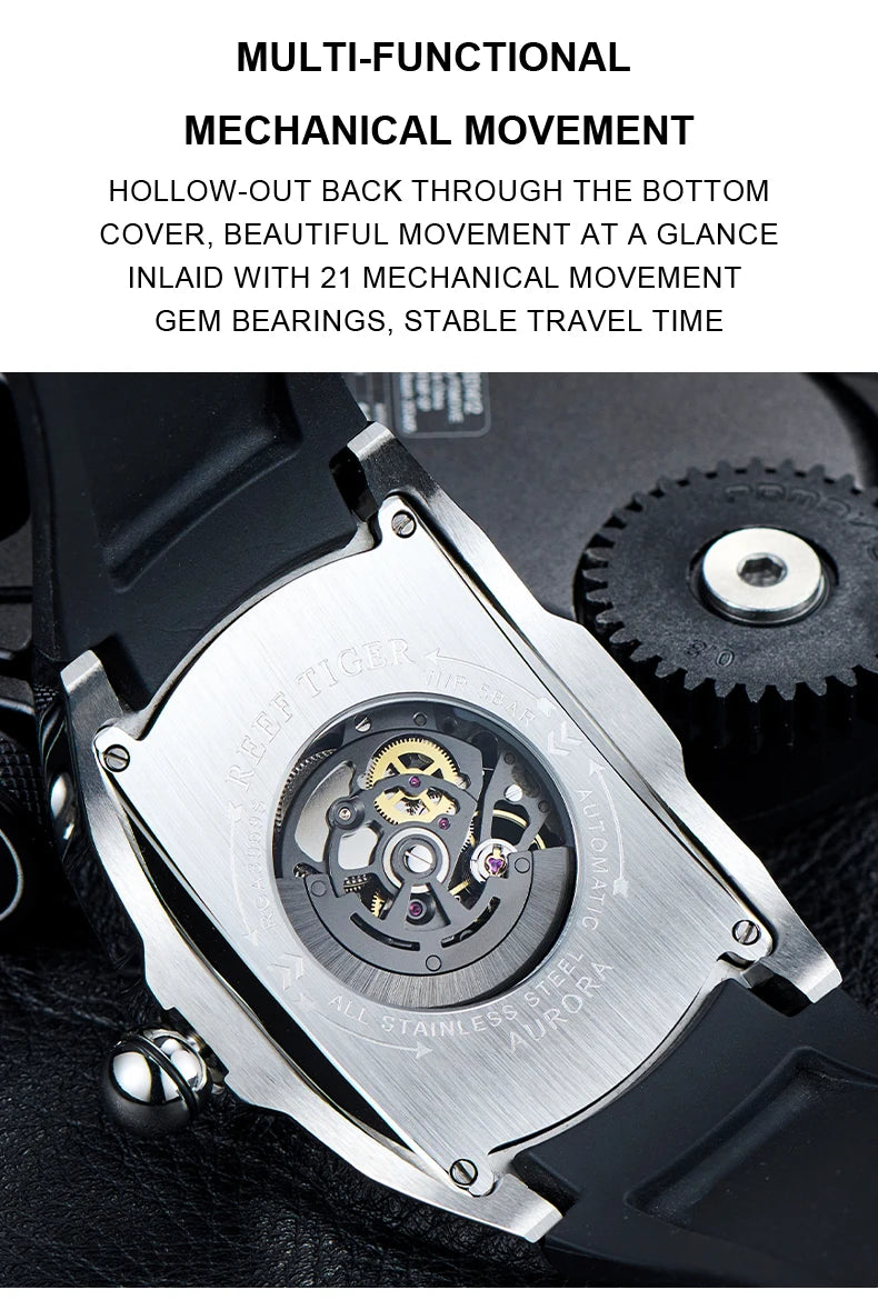 Reef Tiger Men's 316L Stainless Steel Skeleton Automatic Watch Wine Barrel Hollow Waterproof Mechanical Sport Watches RGA3069-S