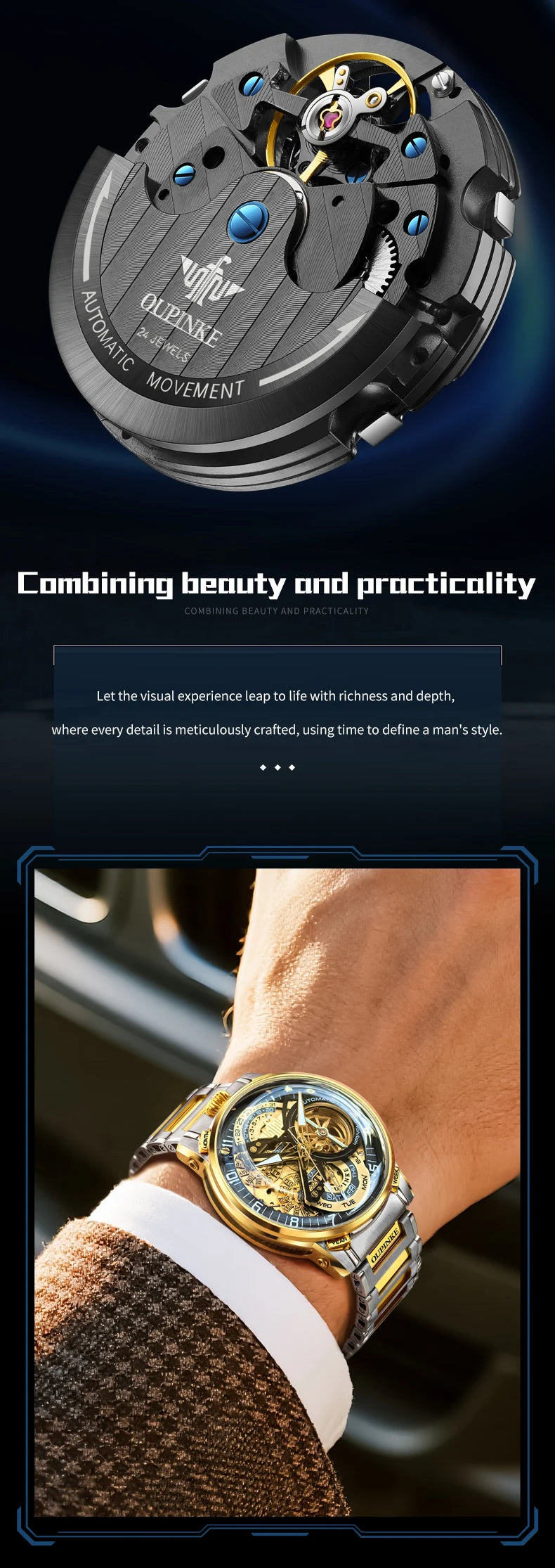 OUPINKE 3278 Herrenuhr, Luxus-Automatikuhr mit Schwungrad, Skelett-Uhrwerk, 50 m wasserdicht, Edelstahl 316L