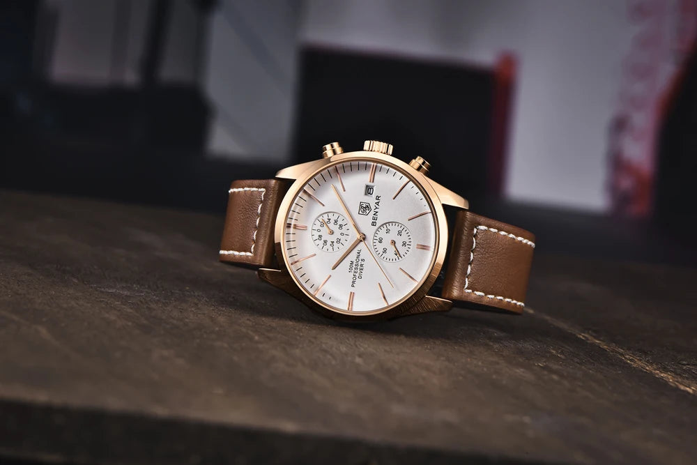BENYAR Men Quartz Wristwatches Luxury Brand Chronograph Leather Sports Watch For Men Military 100M Waterproof Reloj Hombre 2023