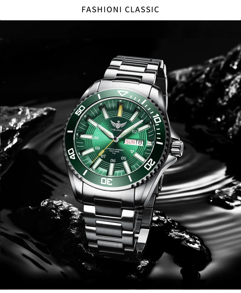 YELANG Automatic Mens Green Water Ghost Watches H3 T100 Self Luminous Wristwatch Waterproof 300m Turning Ceramic Bezel V1032