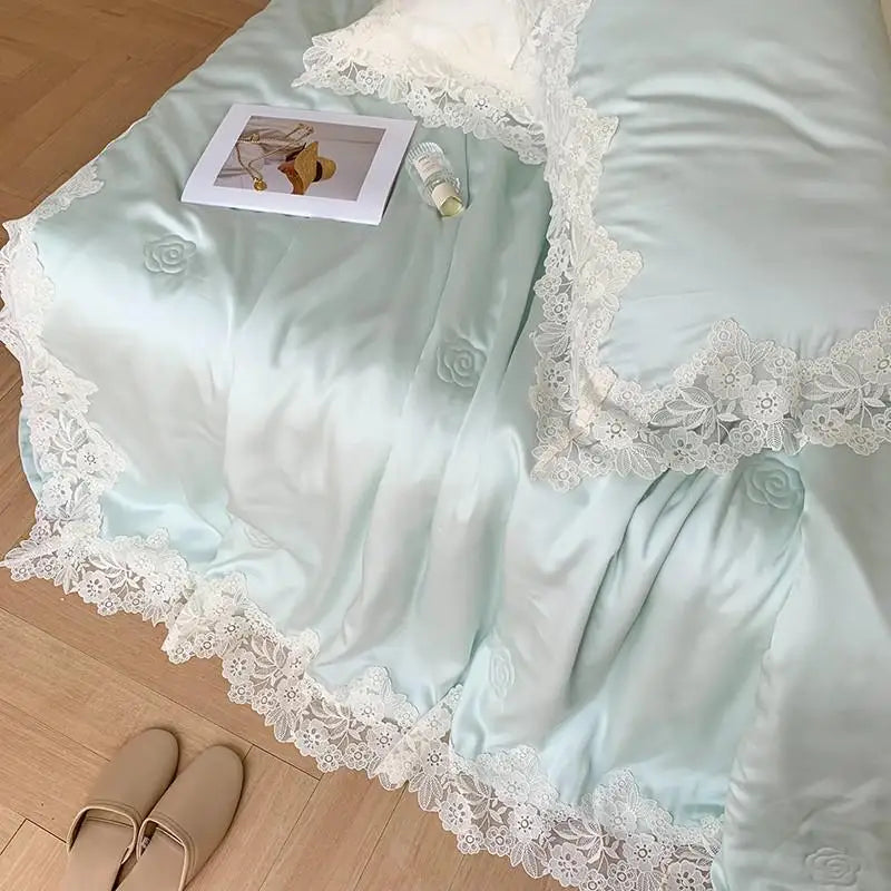 100%Eucalyptus Lyocell Cream White Lace Soft Silky Textured Wrinkle-Free Summer comforter Blanket 1Pc Flat sheet 2Pillow shams