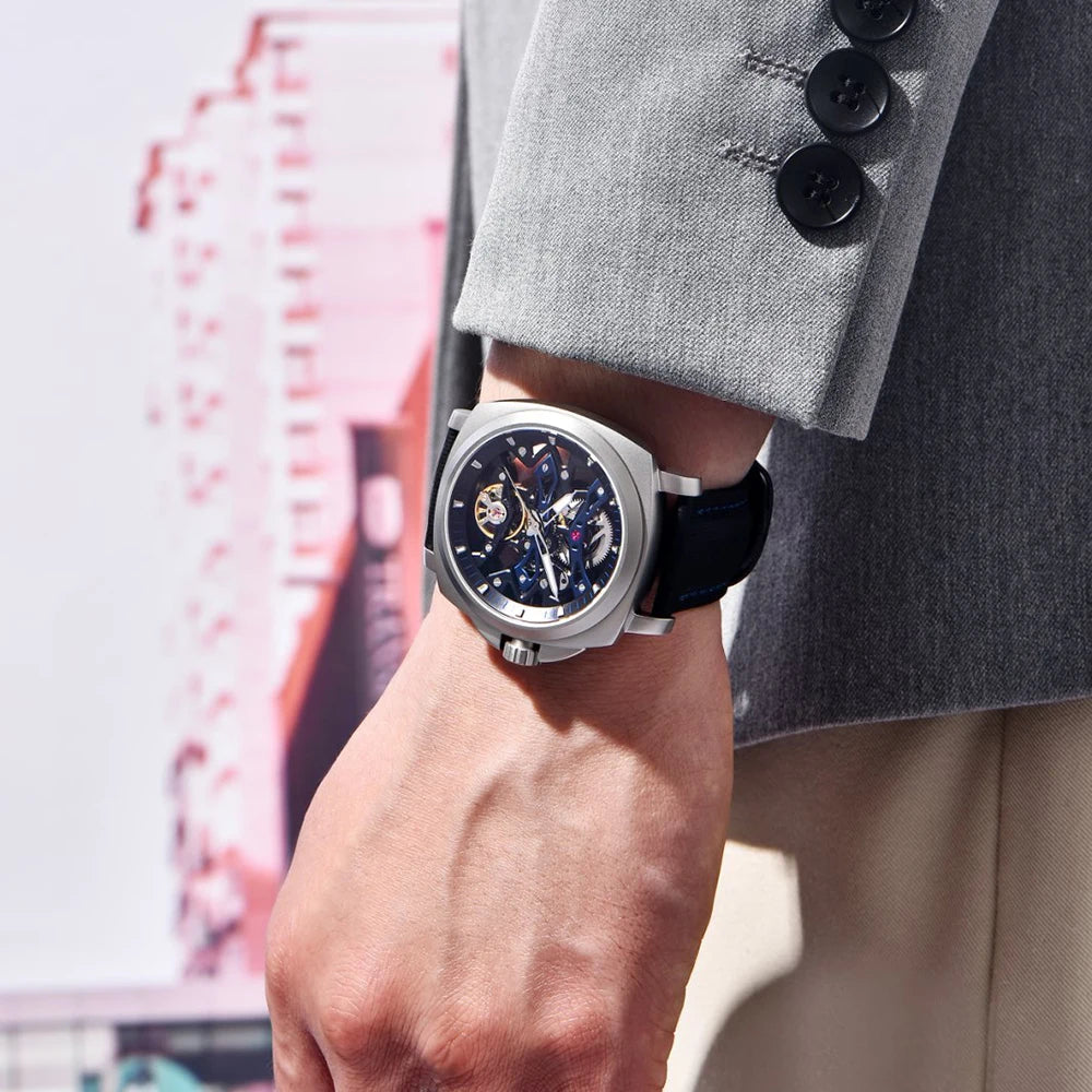 PAGANI DESIGN Herren Sportuhr, mechanische Automatik, quadratisches Design, Leder, wasserdicht, leuchtend, Geschenkidee für Feste, Herrenuhr + Box