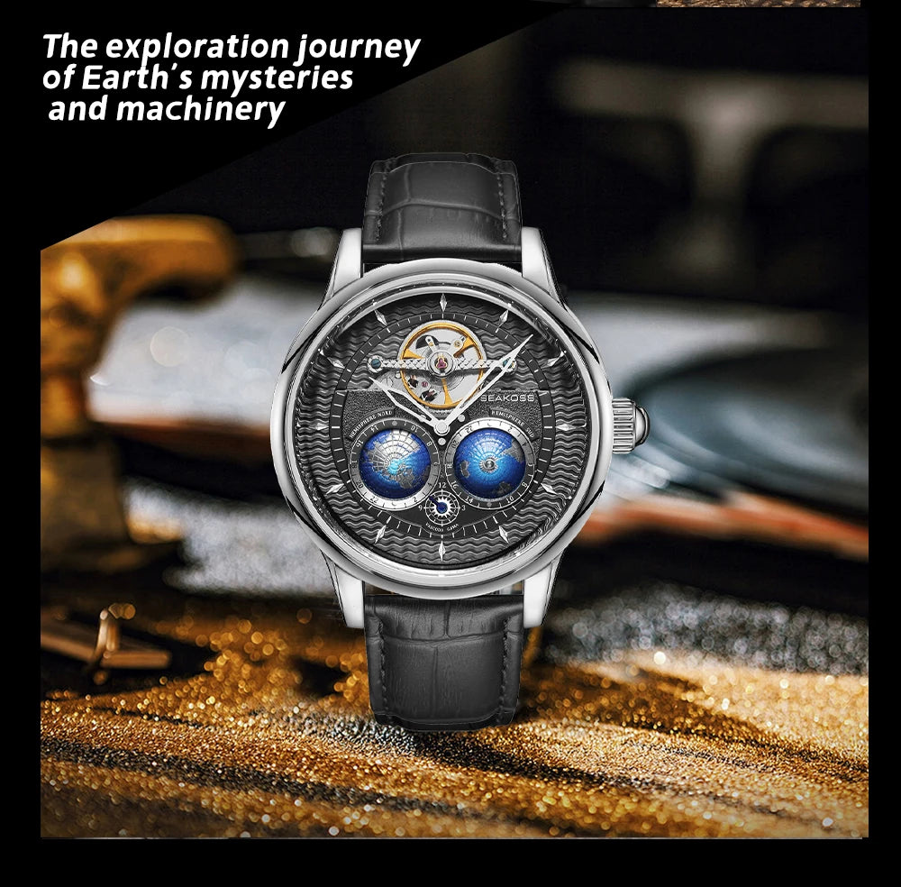 SEAKOSS Double Globe Automatic Rotating Men Mechanical Watches Earth Flywheel Device Men's Military Wristwatches 1963 Clock