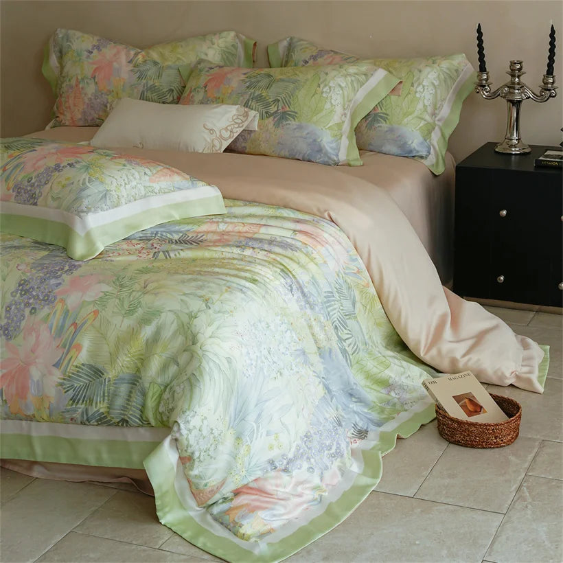 Luxury 22mm Mulberry Silk Bedding Set Romantic Floral Duvet Cover Pillowcases Bed Sheet Set Luxury Bed Linen King Queen Size