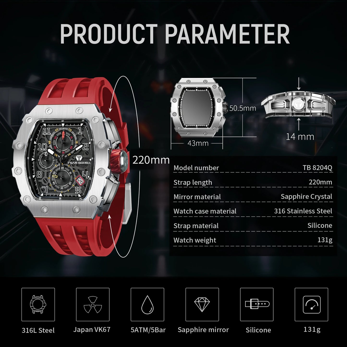 TSAR BOMBA Watch for Men Top Brand Luxury Waterproof Quartz Wristwatch Tonneau Clock Gift Chronograph Rectangle Mens Watch