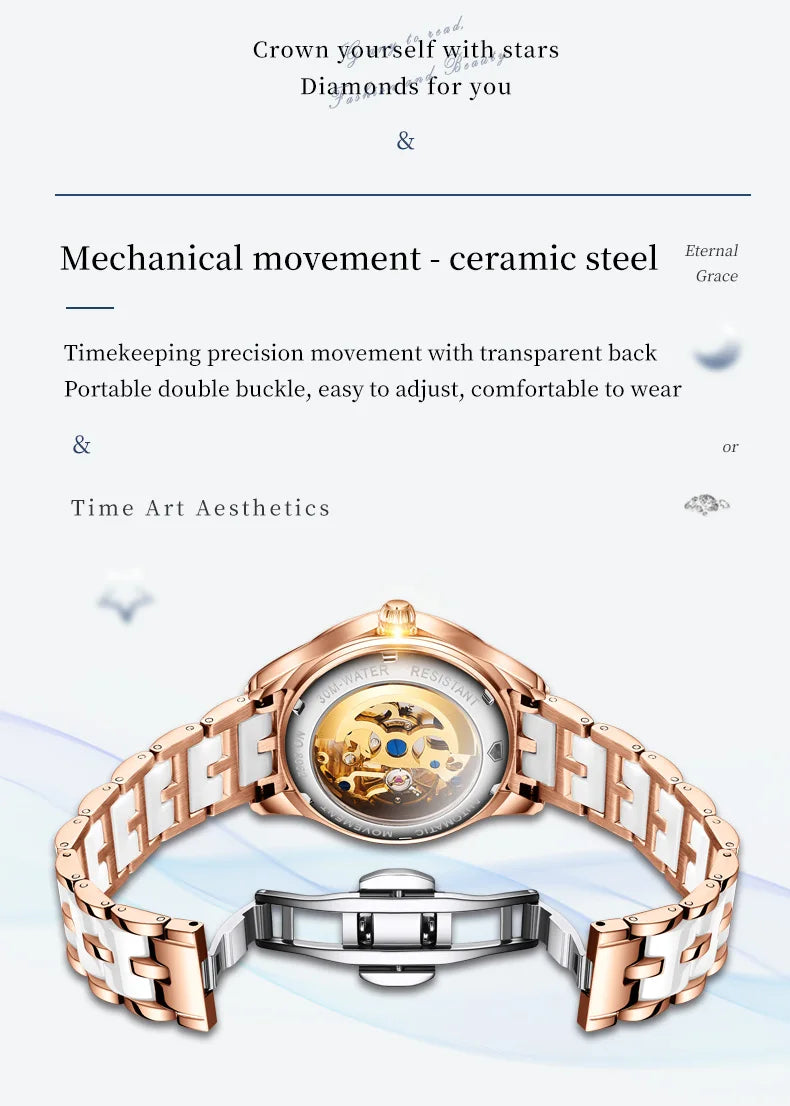 JSDUN Fashion Ceramic Skeleton Women Automatic Mechanical Watches New Luxury Ladies Watch Original Waterproof Lady Wrist Watch