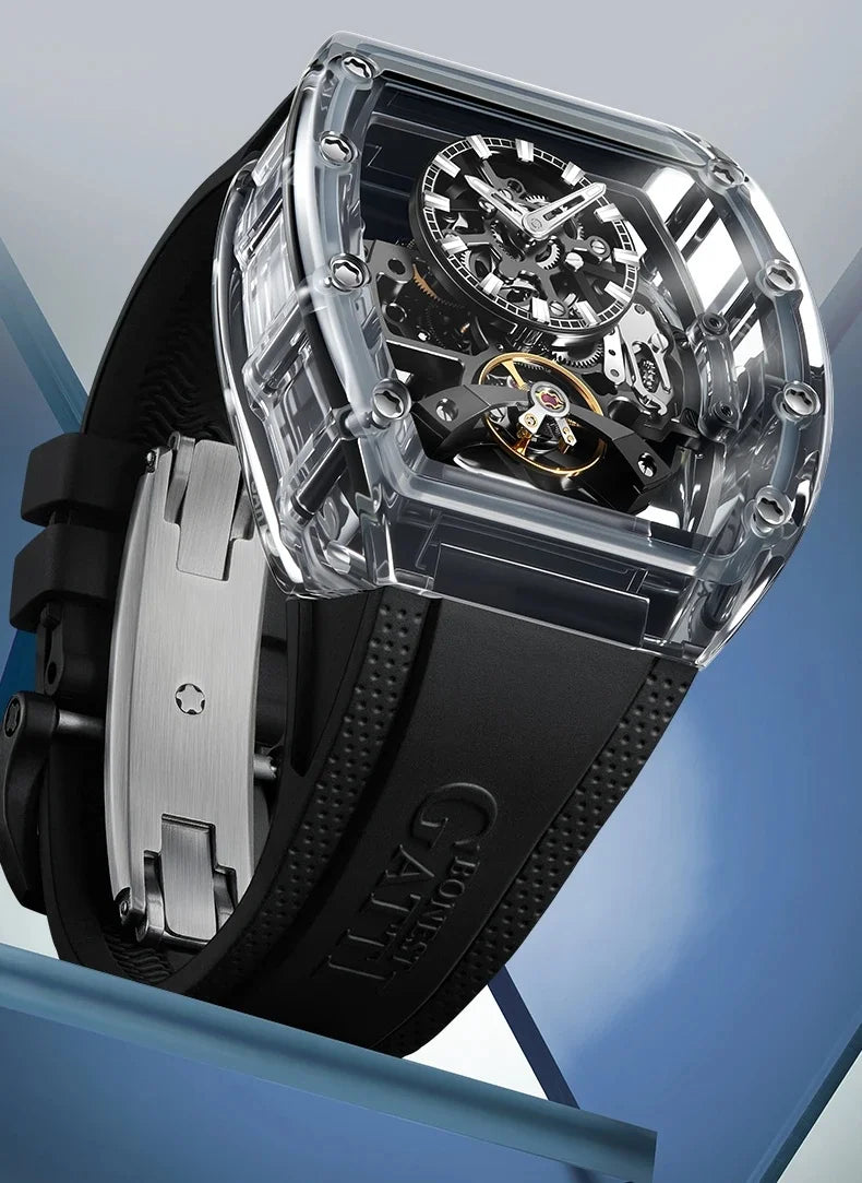 BONEST GATTI 2025 New Men Automatic Watch Tonneau Mechanical Wristwatch Acylic Case Sapphire Lume Hollow Out Dial Fluororubber