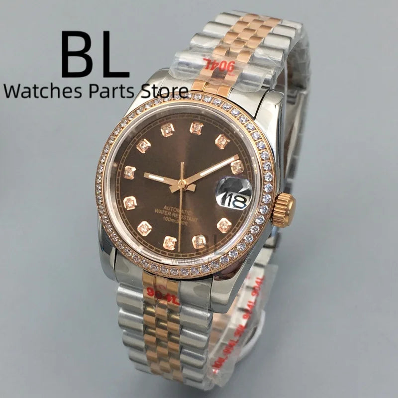 BLIGER Luxury Brown Dial Diamond Time Marks Watches For Men 36mm39mm Two Tone Rose Gold NH35 Movement Sapphire Glass Waterproof