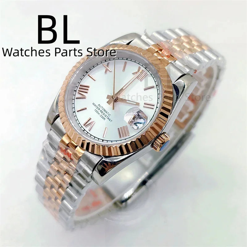 BLIGER 36mm39mm Two-tone Rose Gold Black Dial Watch For Men Date Fluted Bezel Sapphire Glass Rose Roman Index Jubille Bracelet