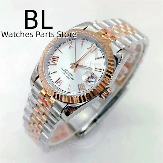 BLIGER 36mm39mm Two-tone Rose Gold Black Dial Watch For Men Date Fluted Bezel Sapphire Glass Rose Roman Index Jubille Bracelet