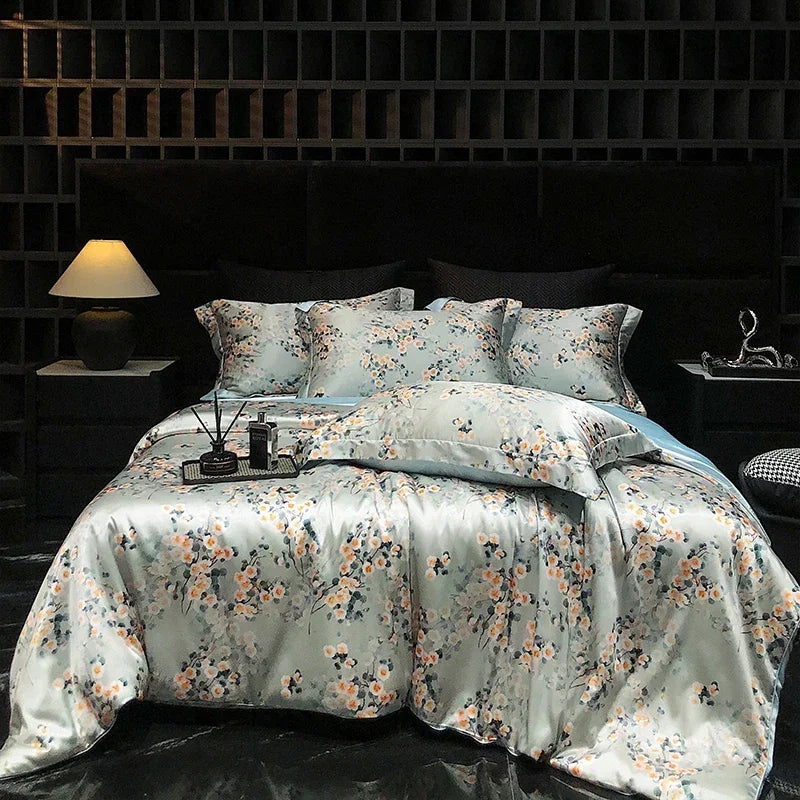 Luxury Palace Style Silk Bedding Set HighEnd Soft Silky Satin Quilt Cover Set Printed Queen King Duvet Cover Gift for Your Lover