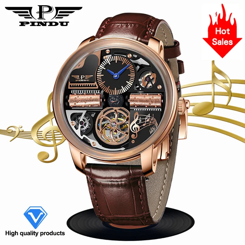 2025 NEW PINDU Design Music Series Machinery Watch Men Movement stainless steel Sapphire Glass Top Luxury Automatic Watch Hollow