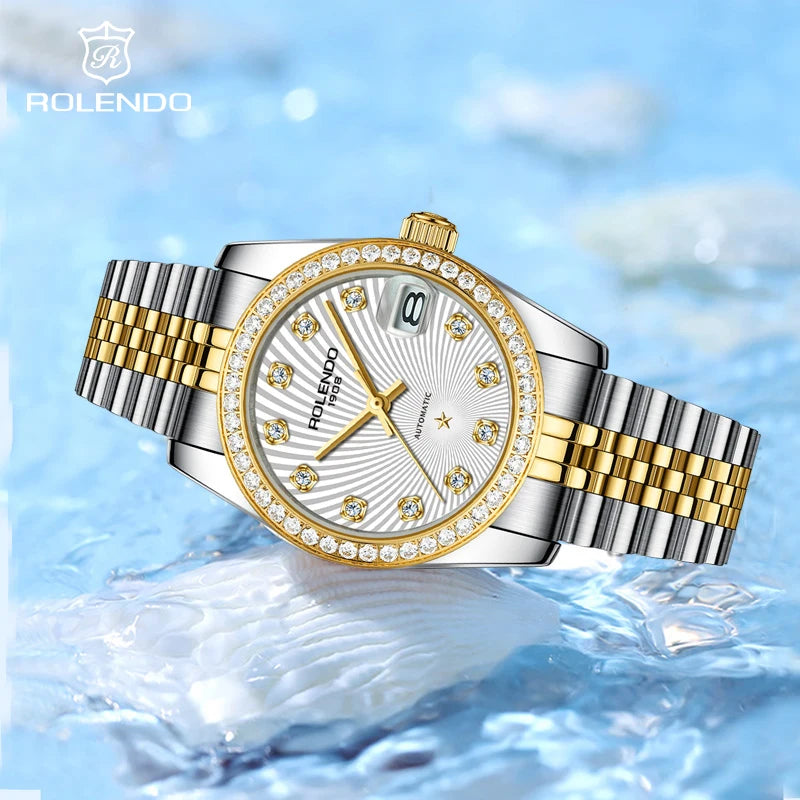 ROLENDO Classic Date Watches for Woman 32mm Sapphire Crystal 30ATM Butterfly Buckle Gold Luxury Diamond-set Automatic Wristwatch