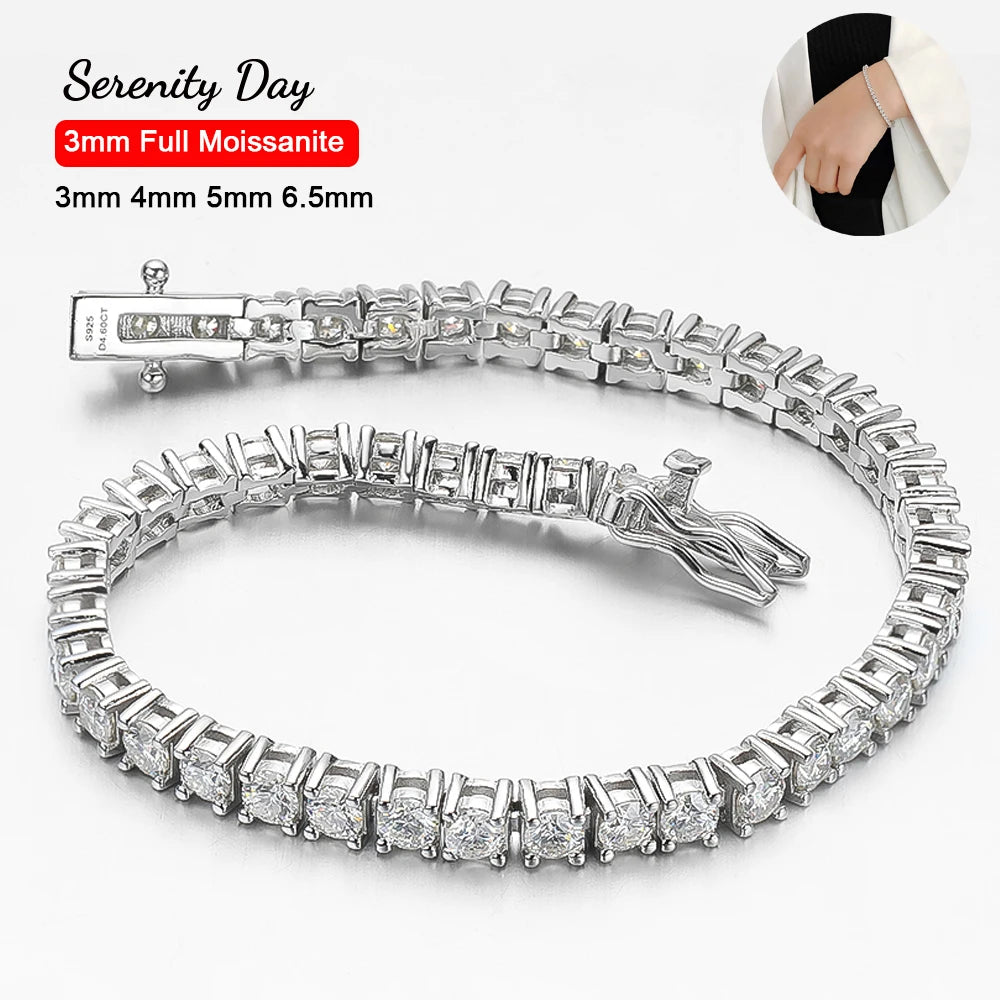 2mm 2.5mm 3mm 4mm 5mm Moissanite Tennis Bracelet for Women Men 100% S925 Sterling Silver Hidden Spring Lock Bracelet Plated 18K