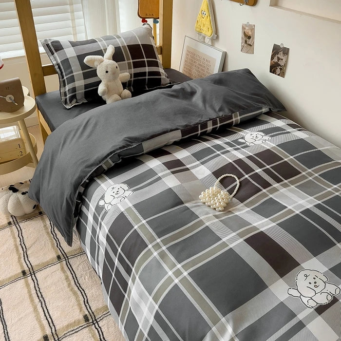 Bonenjoy Queen Size Bedding Set White Color Black Plaid Microfiber Reactive Printed King Size Bed Linen Sets For Bedroom Kit