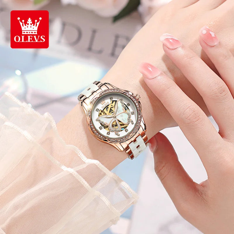OLEVS 6622 Luxury Women All Automatic Mechanical Watch HD Waterproof Elegant Butterfly Diamond Women Fashion Bracelet Set Watch