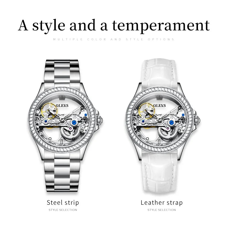 OLEVS Fully Hollow Watch for Women Automatic Mechanical Women's Watches Luminous Luxury Stainless Steel Diamond Inlay Wristwatch