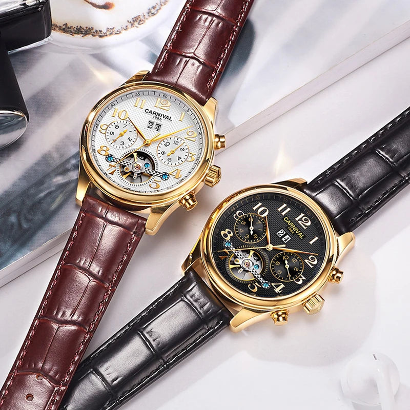 Carnival Brand Luxury Tourbillon Watches Leather Calendar Week Month High-End Mechanical Watch Business Men Automatic Clock