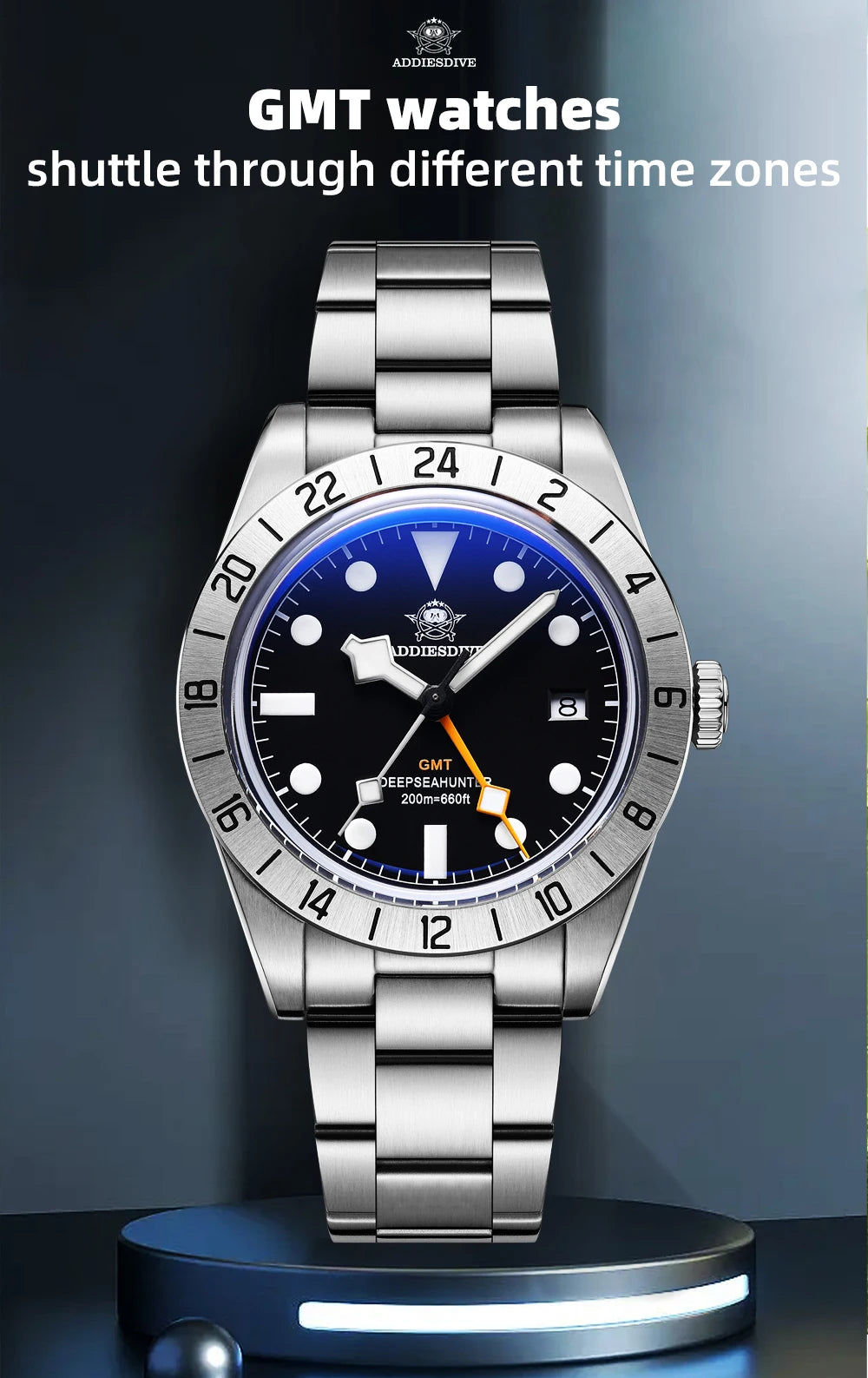 ADDIESDIVE AD2035 Watch For Men Swiss Ronda 515-24H BGW9 Luminous 20Bar Waterproof Bubble Mirror Glass GMT Quartz Watches reloj