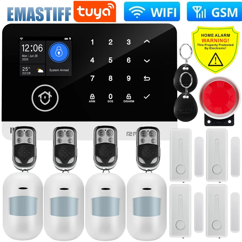 Wireless Tuya APP SIM GSM Home RFID Burglar Security LCD Touch Keyboard WIFI GSM Alarm System Sensor kit Russian,Spanish Voice
