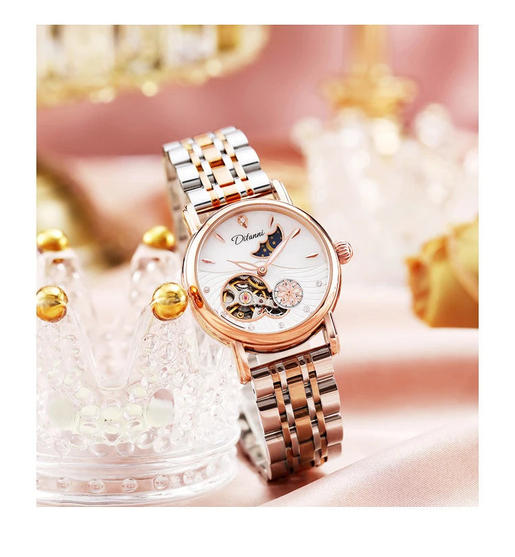 Fashion Brand Women Automatic Mechanical Watches Diamond Wristwatch Ladies Moon Plate Business Dress Waterproof Luminous Clock