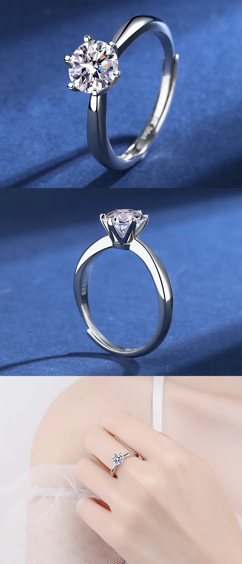 100% Real Moissanite Ring Adjustable Size S925 Sliver D VVS1 Pass Diamond Test Pen GRA Certificate 18K Plating Rings for Women