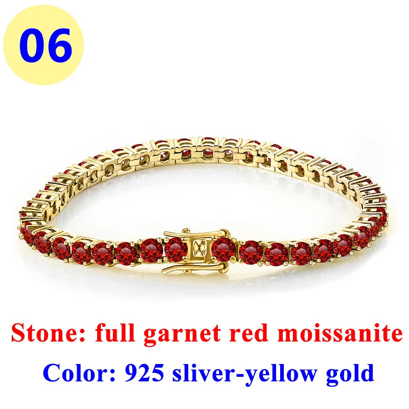 3MM Pink Full Moissanite Tennis HipHop Blue Green Yellow Purple Bracelet S925 Sliver Plated White Gold Bracelet for Women Men