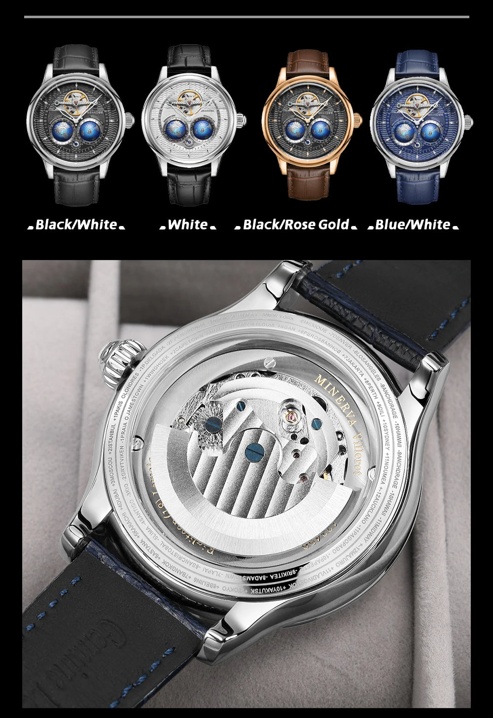 SEAKOSS Double Globe Automatic Rotating Men Mechanical Watches Earth Flywheel Device Men's Military Wristwatches 1963 Clock