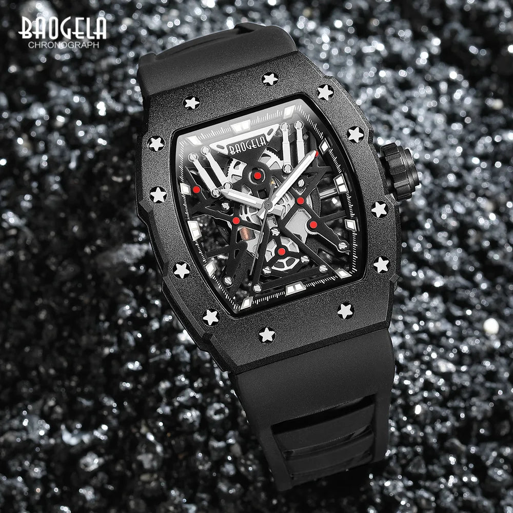 BAOGELA Black Stainless Steel Watch Men Military Sport Analog Quartz Wristwatch with Silicone Strap Luminous Hands Relogio 4147