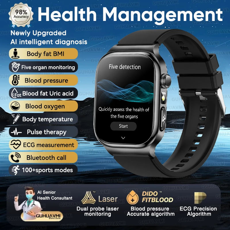 2025 New AI Human Health diagnosis ECG+HRV Smart Watch Blood Pressure Uric acid Blood lipid Bluetooth Call Smartwatch Men Women