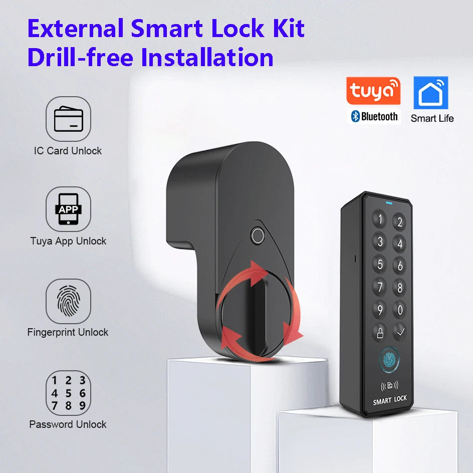 Smart lock with Tuya Bluetooth, fingerprint, password, and IC card unlocking; no drilling required for installation.