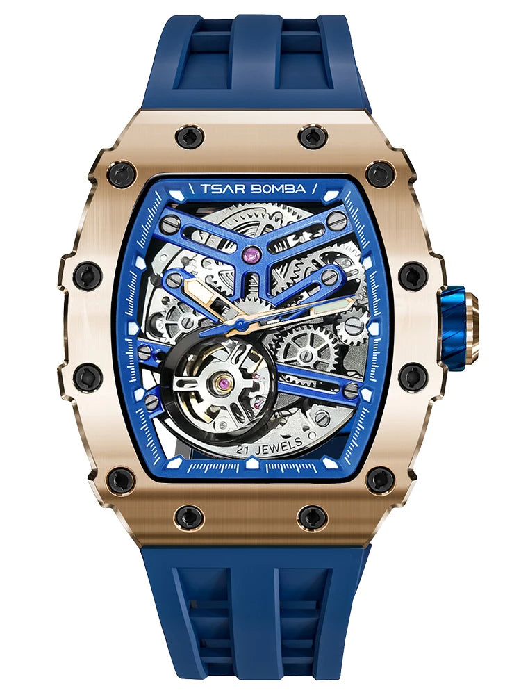 TSAR BOMBA Automatic Watch for Men Waterproof Watch Tonneau Stainless steel Mechanical Wristwatch Silicone Strap Luxury Gift