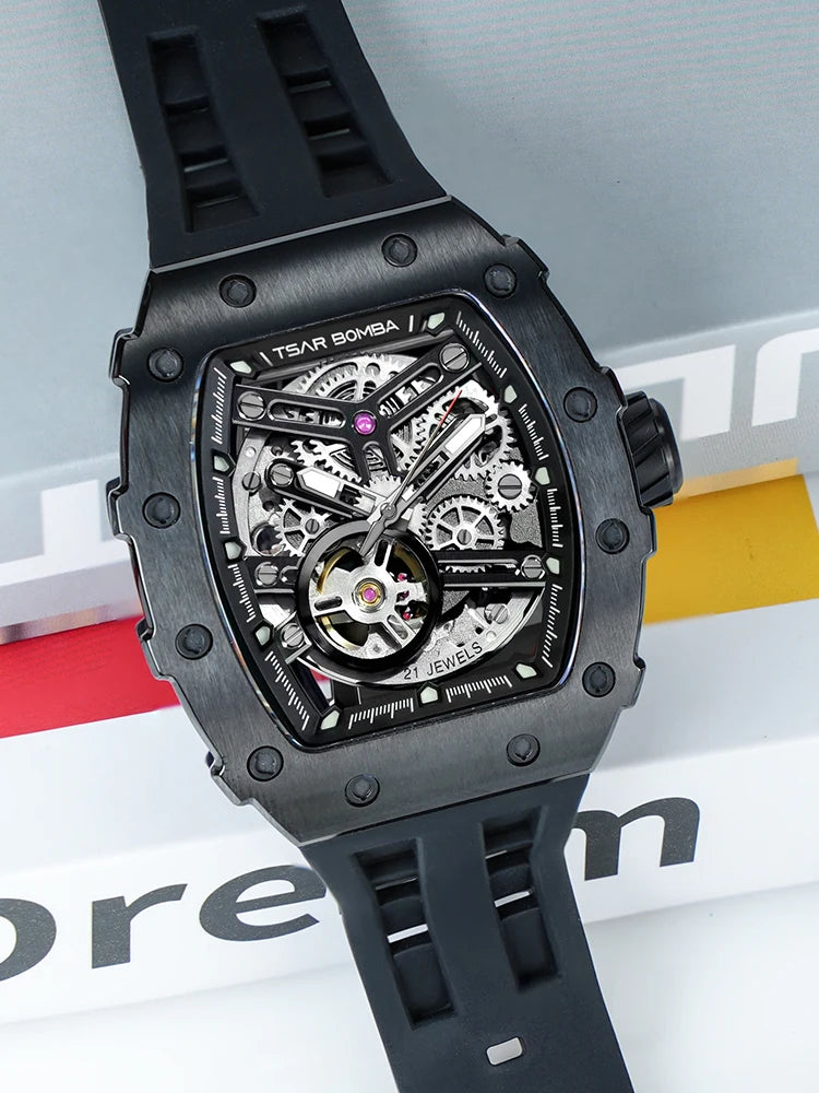 TSAR BOMBA Automatic Watch for Men Waterproof Watch Tonneau Stainless steel Mechanical Wristwatch Silicone Strap Luxury Gift