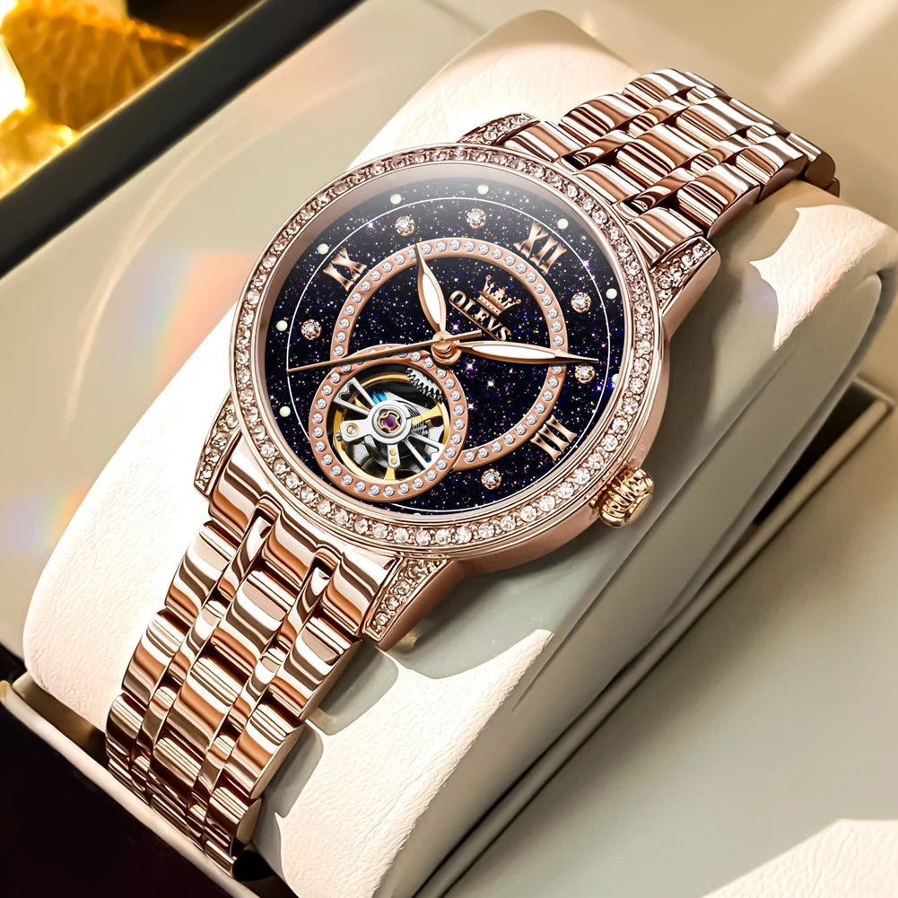 Montre femme tourbillon à strass et ciel étoilé, marque de luxe, couleur or rose, automatique, mécanique.