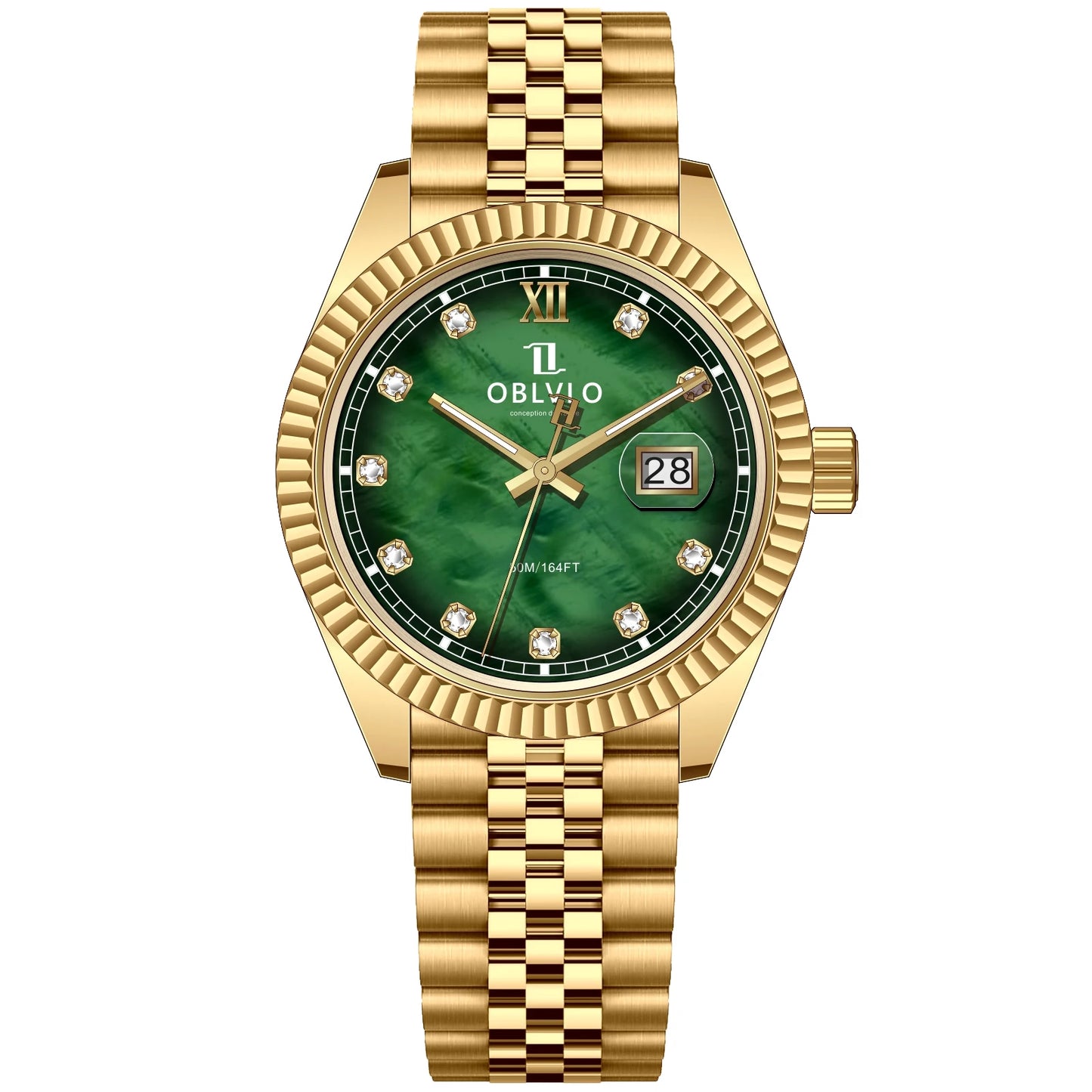 OBLVLO Men's Elegant Yellow Gold Red Dial Bracelet Quartz Watch with Date Fashion Green Dial Business Watches for Men RX-PE