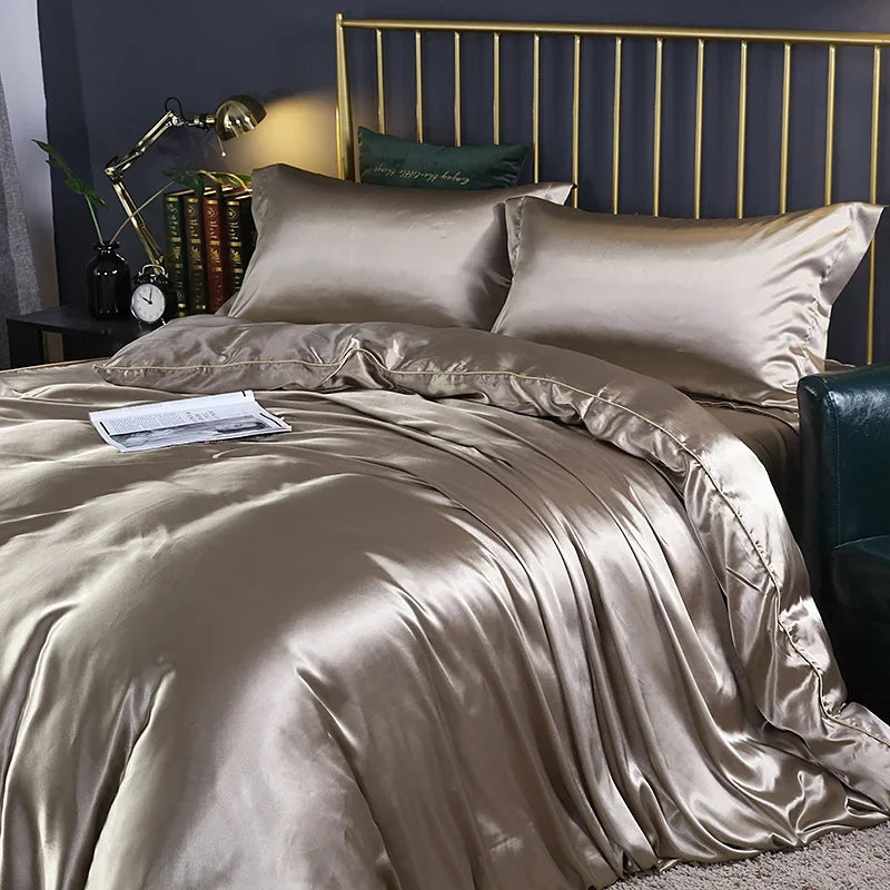 Silk Bedding Set with Duvet Cover Fitted/Flat Bed Sheet Pillowcase Luxury Satin Bedsheet Solid Color King Queen Twin Size