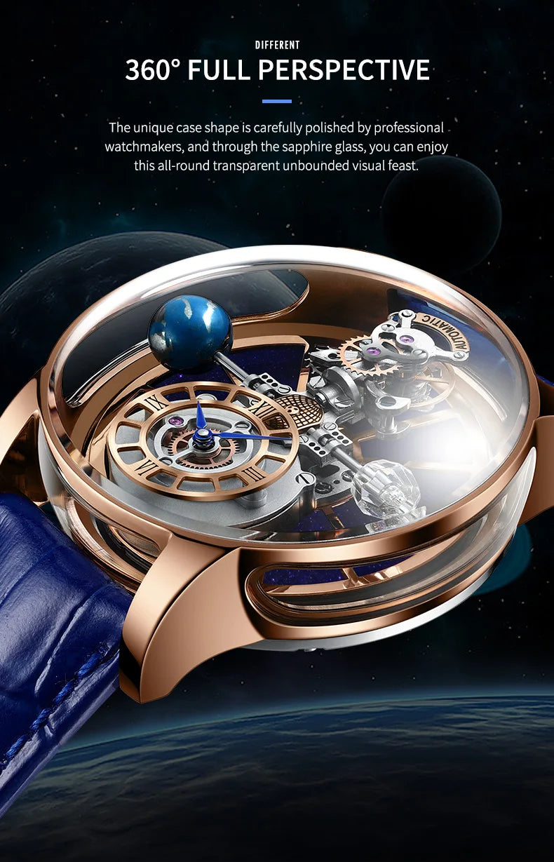 PINDU Design Men Watches Celestial Series Curved Mirror Transparent Design Roman Numeral Scale Waterproof Leather Watch for Men