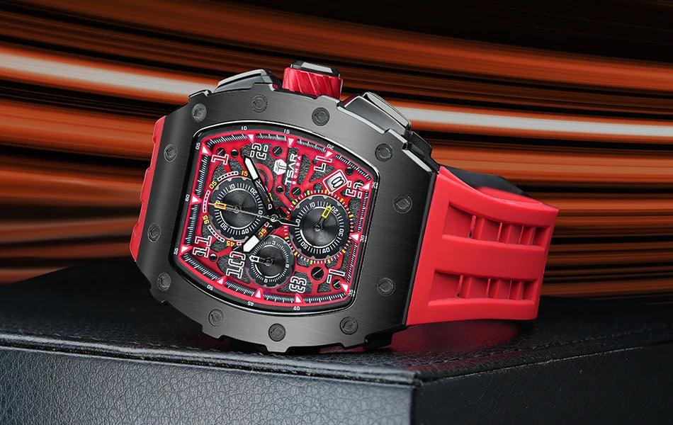 TSAR BOMBA Tonneau Mens Watches Sapphire Crystal Red Wristwatch Waterproof Chronograph Date Clock Luxury Christmas Gift for Men