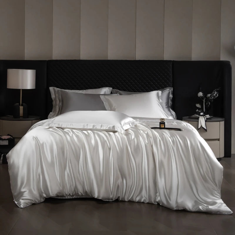 Silk Bed Sheets Set Luxury Bedding Set with Duvet Cover Fitted/Flat Bedheet Pillowcases Mixed with Rayon King Queen Full Twin