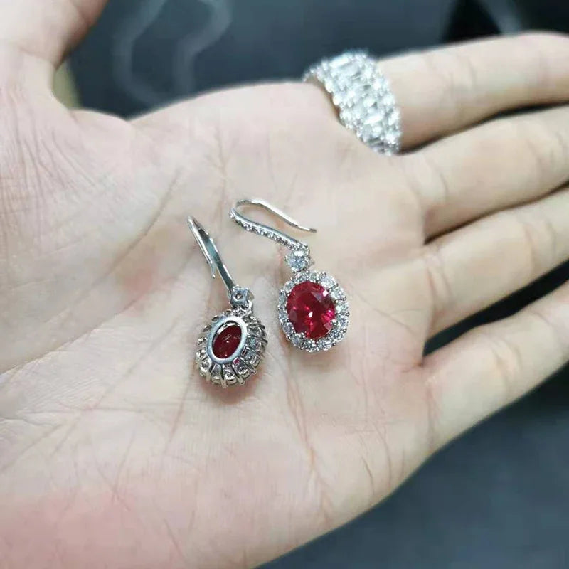 PANSYSEN Vintage 925 Sterling Silver 7x9MM Oval Cut Ruby Sapphire Dangle Drop Earrings for Women Wedding Jewelry Earring Gifts
