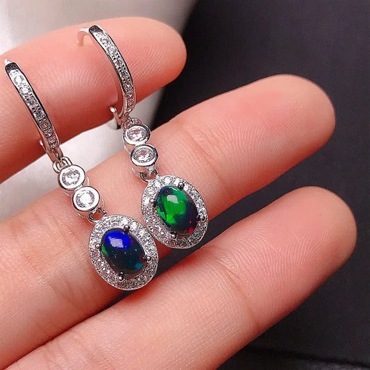 MeiBaPJ 5*7 Natural Black Opal Gemstone England Ear Drop Earrings for Women Real 925 Sterling Silver Charm Fine Wedding Jewelry
