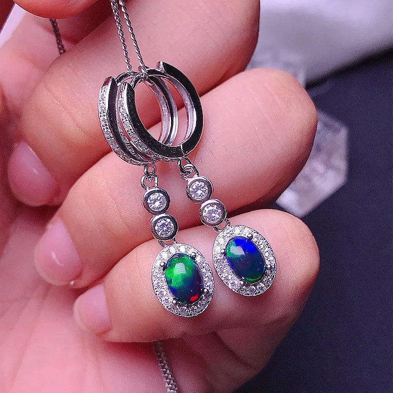 MeiBaPJ 5*7 Natural Black Opal Gemstone England Ear Drop Earrings for Women Real 925 Sterling Silver Charm Fine Wedding Jewelry