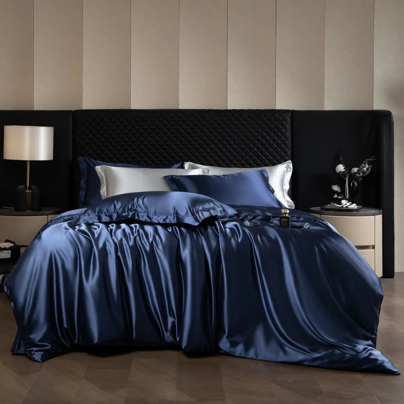 Silk Bed Sheets Set Luxury Bedding Set with Duvet Cover Fitted/Flat Bedheet Pillowcases Mixed with Rayon King Queen Full Twin