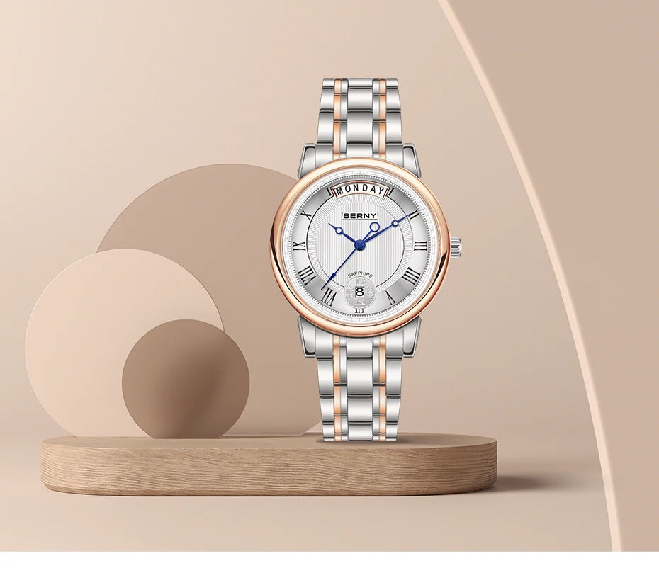 BERNY Women Watch Ladies Quartz Roman Numerals Day Date Calendar Watches Sapphire Glass Solid Steel Strap Women Wristwatch