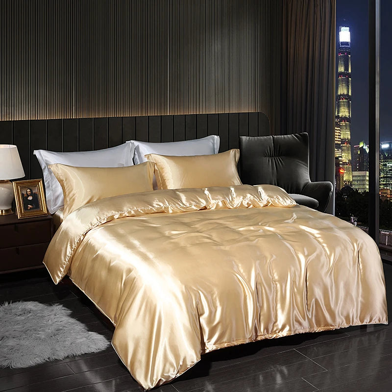 Luxury Satin  Bedding Set With Flat Sheet Duvet Cover High End Bedding Set  High Density Satin  Solid Color Bedding